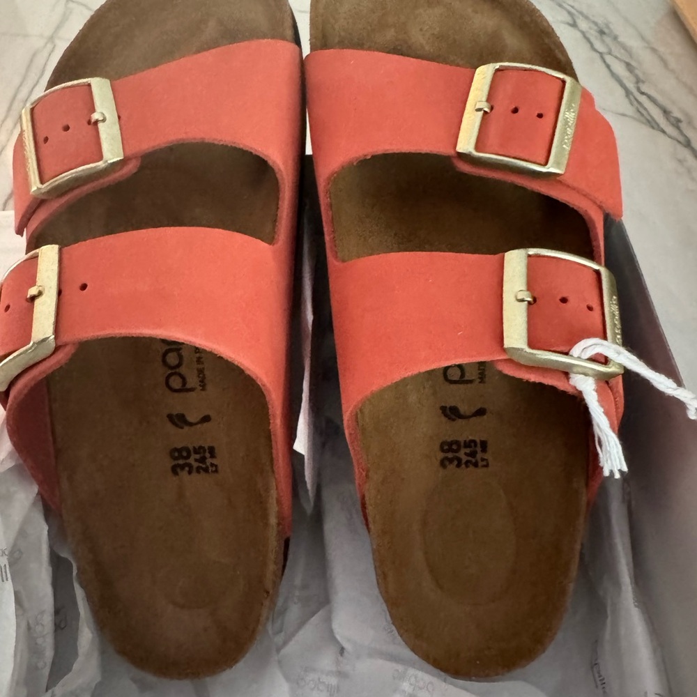 Birkenstock Women's Sandals - Coral with Gold Buckles